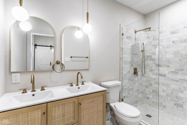 bathroom with tiled shower, vanity, and toilet