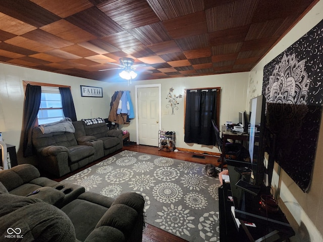 living room with hardwood / wood-style flooring, wooden ceiling, and ceiling fan