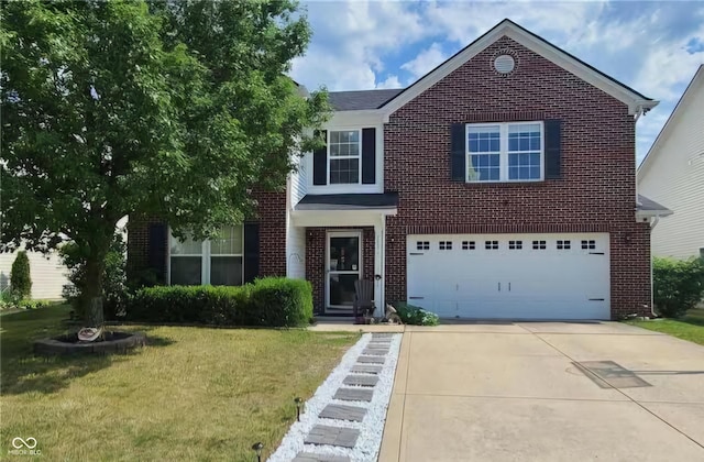 view of front of house with a garage and a front lawn