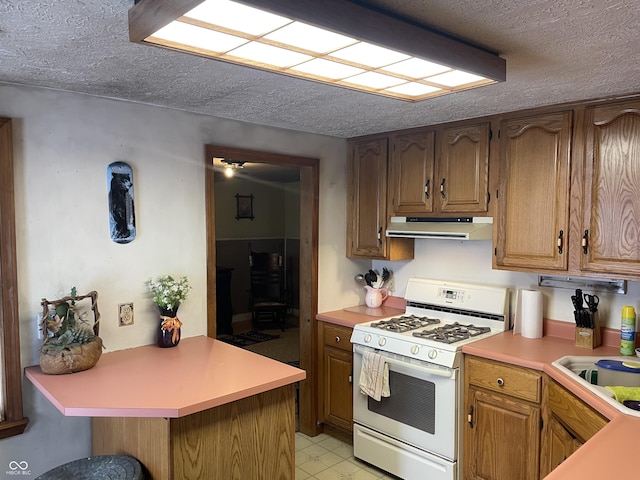 kitchen featuring sink, kitchen peninsula, gas range gas stove, and a textured ceiling