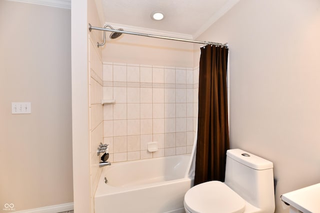 11710 E 75th St, Indianapolis, IN 46236 - bathroom featuring shower / bathtub combination with curtain, ornamental molding, and toilet