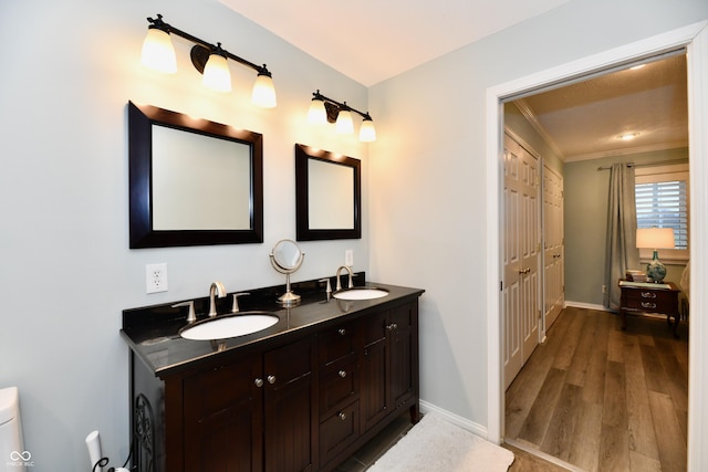 11710 E 75th St, Indianapolis, IN 46236 - bathroom featuring ornamental molding, vanity, and hardwood / wood-style floors