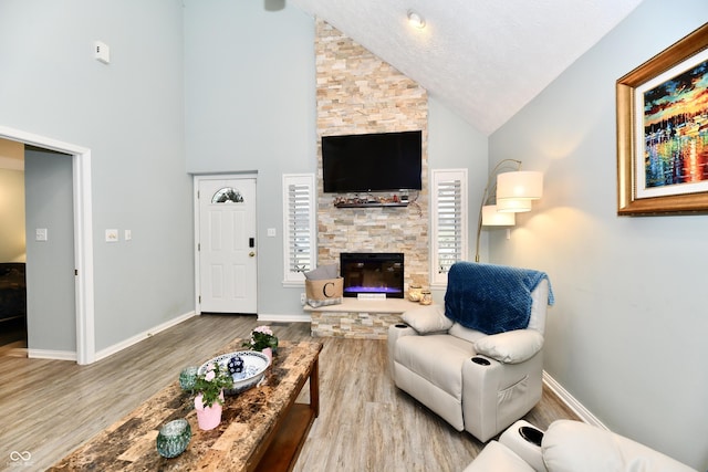 11710 E 75th St, Indianapolis, IN 46236 - living room with wood-type flooring, a fireplace, and high vaulted ceiling