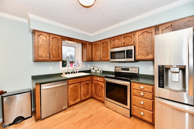 11710 E 75th St, Indianapolis, IN 46236 - kitchen with sink, crown molding, a textured ceiling, light wood-type flooring, and appliances with stainless steel finishes