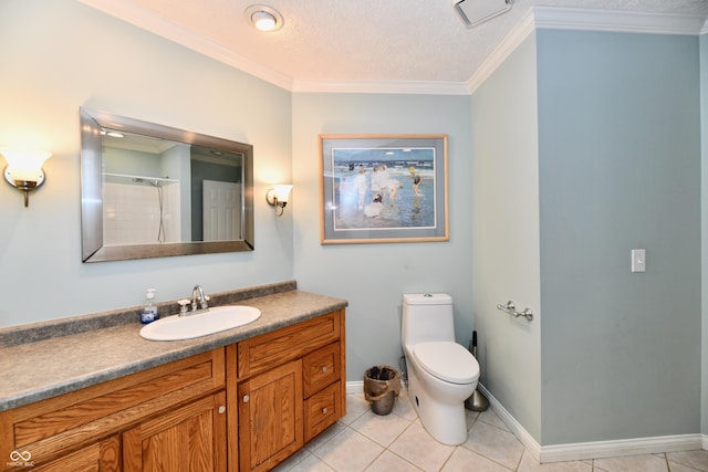 11710 E 75th St, Indianapolis, IN 46236 - bathroom with toilet, vanity, walk in shower, crown molding, and tile patterned floors