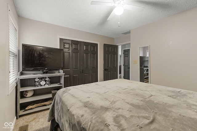 bedroom featuring multiple windows, a closet, carpet, and a textured ceiling