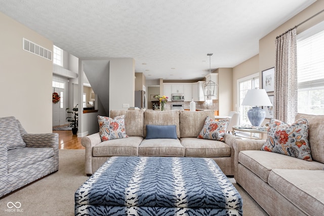 living room featuring light hardwood / wood-style floors and a textured ceiling