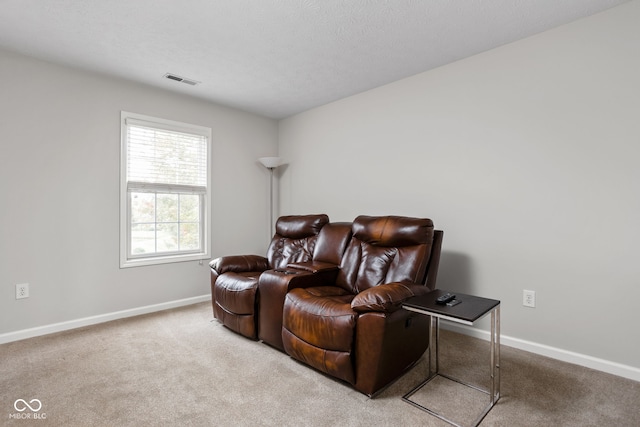 carpeted home theater with a textured ceiling