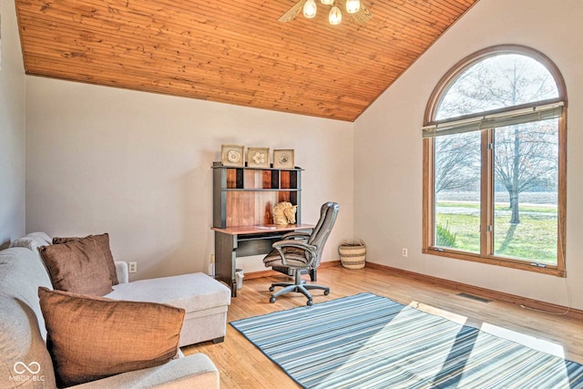 office space with lofted ceiling, visible vents, light wood-type flooring, wooden ceiling, and baseboards