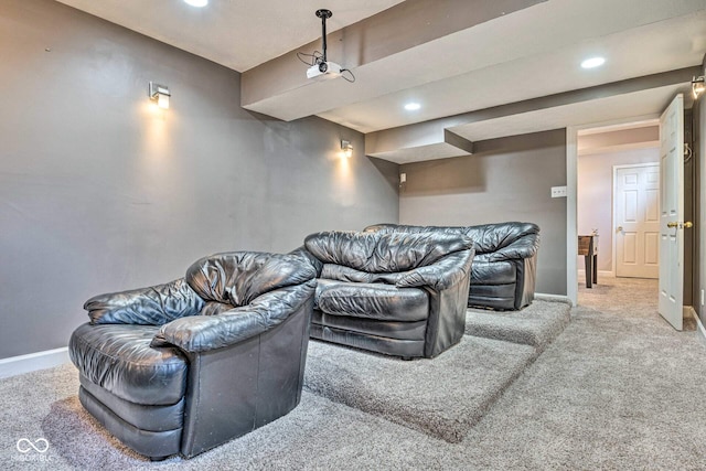 home theater room with carpet, baseboards, and recessed lighting