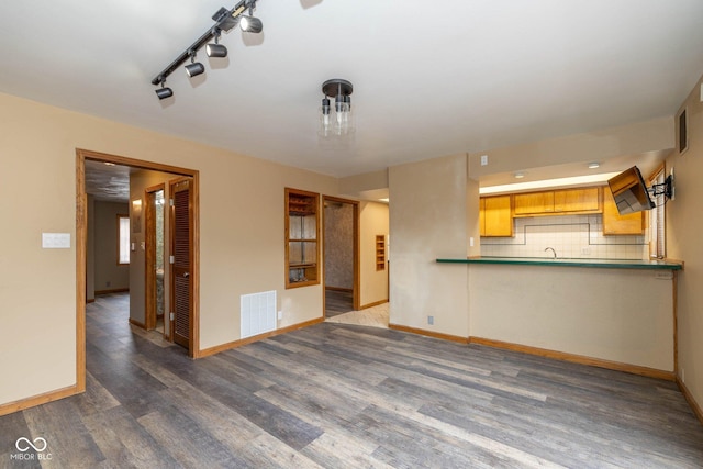 unfurnished living room featuring dark wood-type flooring and sink