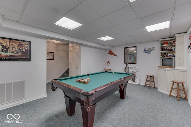 recreation room featuring a drop ceiling, pool table, and carpet flooring