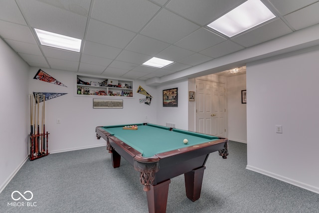 playroom with carpet floors, pool table, and a drop ceiling