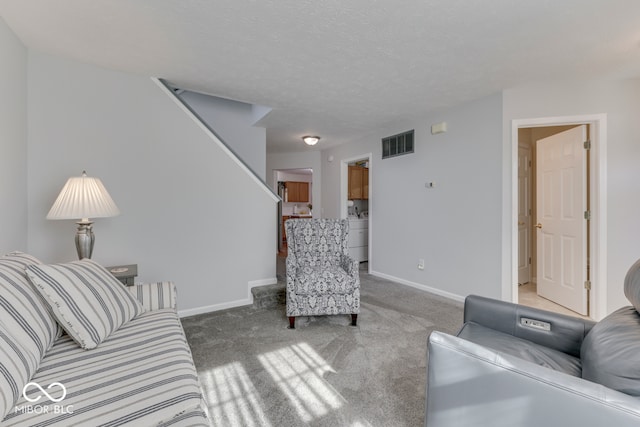 carpeted living room featuring a textured ceiling