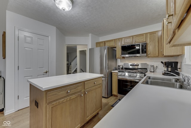 kitchen with sink, light hardwood / wood-style floors, a center island, and appliances with stainless steel finishes