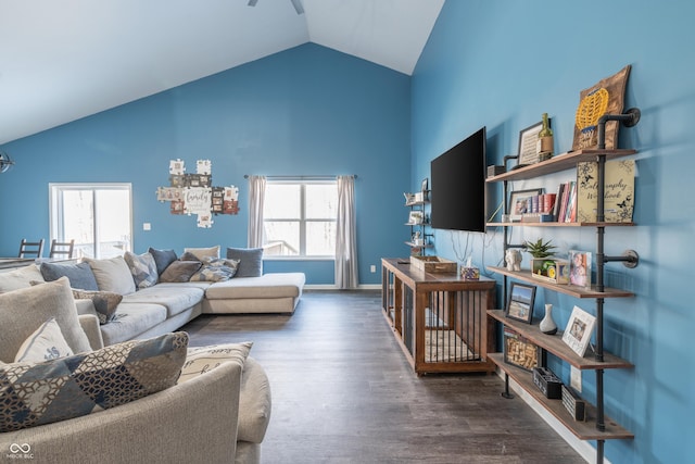 living room featuring dark hardwood / wood-style floors and high vaulted ceiling