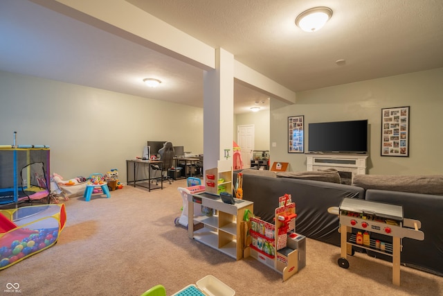 playroom featuring light colored carpet and a textured ceiling