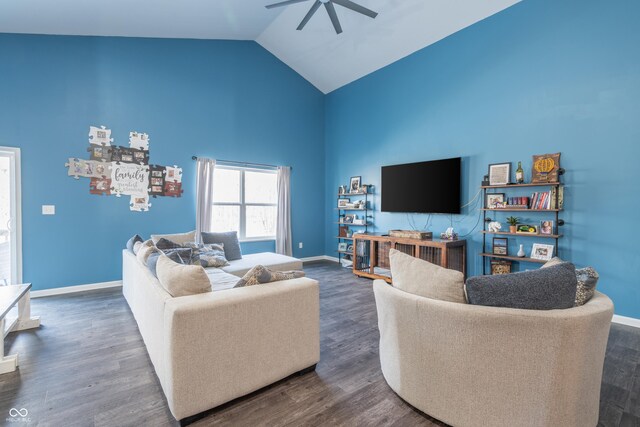 living room with high vaulted ceiling, dark hardwood / wood-style floors, and ceiling fan