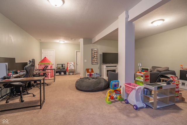 recreation room with carpet and a textured ceiling