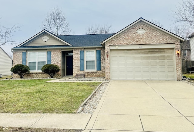 ranch-style home featuring a garage, a front yard, concrete driveway, and brick siding