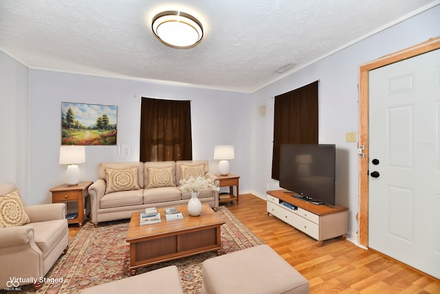 living room featuring light hardwood / wood-style flooring and a textured ceiling