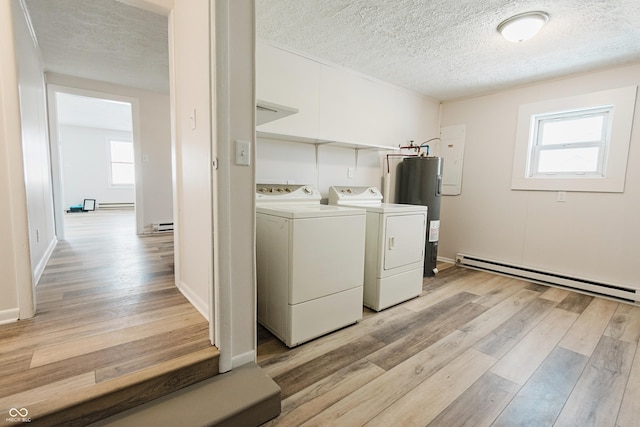 laundry room featuring washing machine and dryer, electric water heater, a baseboard heating unit, and light hardwood / wood-style floors