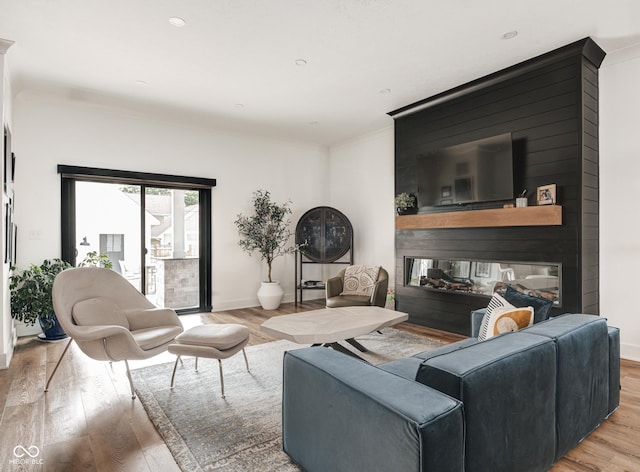 living area with light wood-type flooring, baseboards, ornamental molding, and a multi sided fireplace