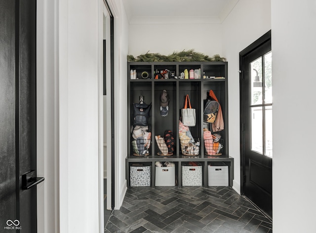 mudroom featuring ornamental molding, brick patterned floor, and a wealth of natural light