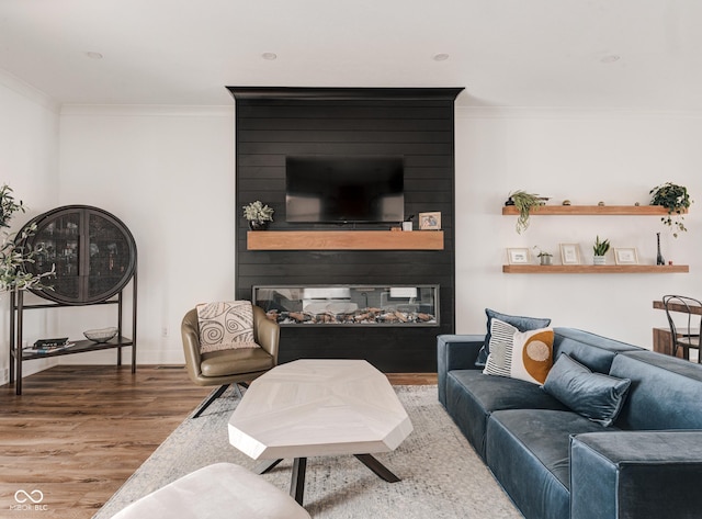 living room featuring a multi sided fireplace, wood finished floors, and crown molding