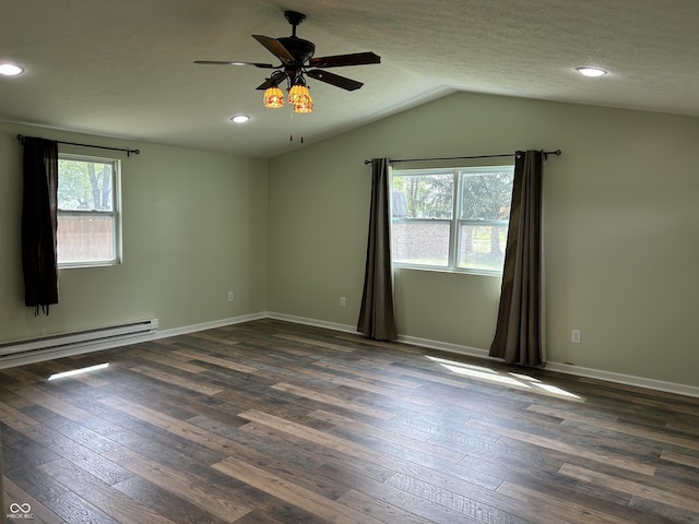 spare room with a baseboard radiator, ceiling fan, lofted ceiling, and dark wood-type flooring