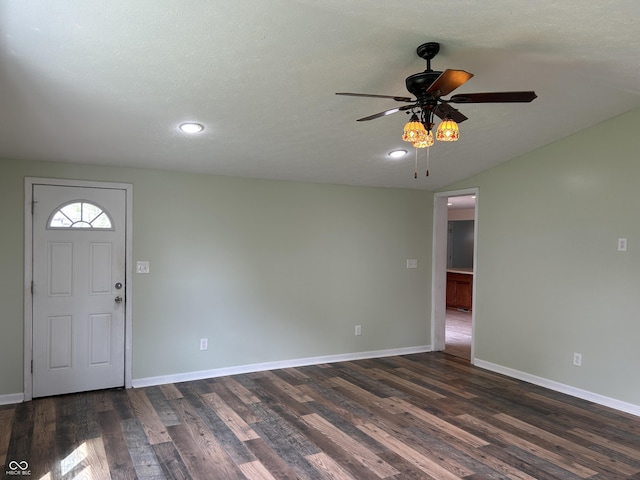 entrance foyer featuring baseboards, a ceiling fan, dark wood finished floors, and recessed lighting