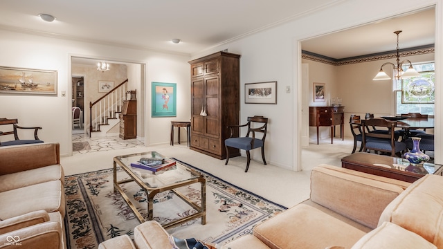 living area featuring stairway, light colored carpet, and crown molding