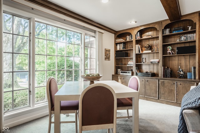 dining room featuring recessed lighting and light carpet