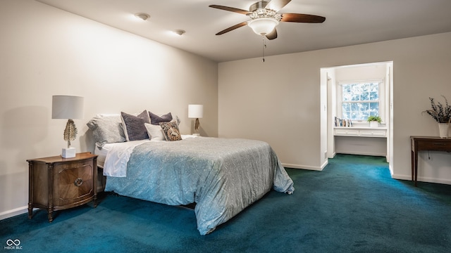 bedroom with baseboards, carpet, and a ceiling fan