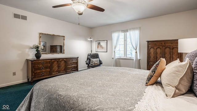 bedroom featuring a ceiling fan, carpet, visible vents, and baseboards