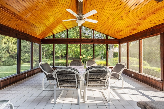 unfurnished sunroom featuring vaulted ceiling, a ceiling fan, and wooden ceiling