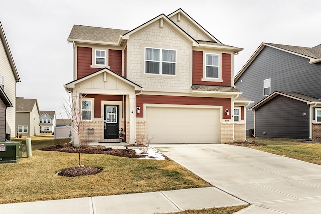 craftsman-style house with central AC unit, an attached garage, brick siding, concrete driveway, and a front yard