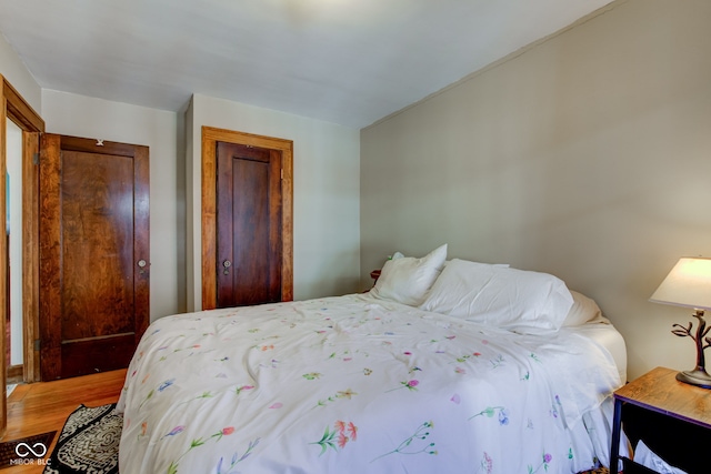 bedroom with hardwood / wood-style flooring and a closet