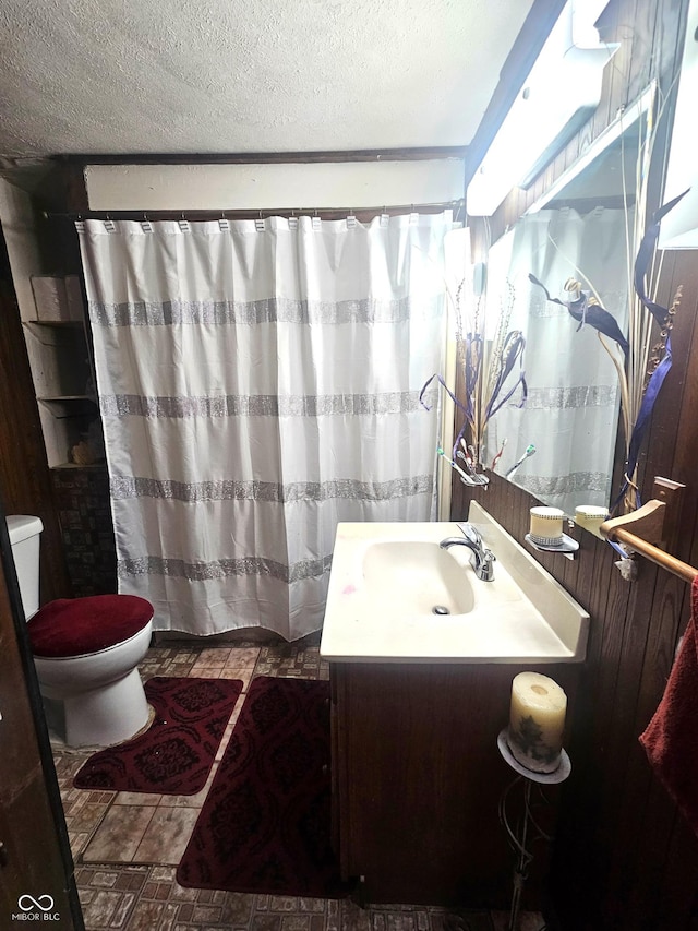 bathroom featuring vanity, a textured ceiling, and toilet