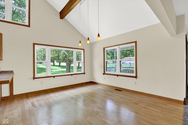 800 N 400 W, Bargersville, IN 46106 - empty room featuring beamed ceiling, wood finished floors, and high vaulted ceiling