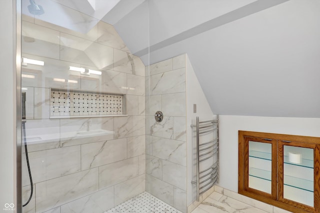 800 N 400 W, Bargersville, IN 46106 - bathroom with tiled shower, marble finish flooring, and lofted ceiling