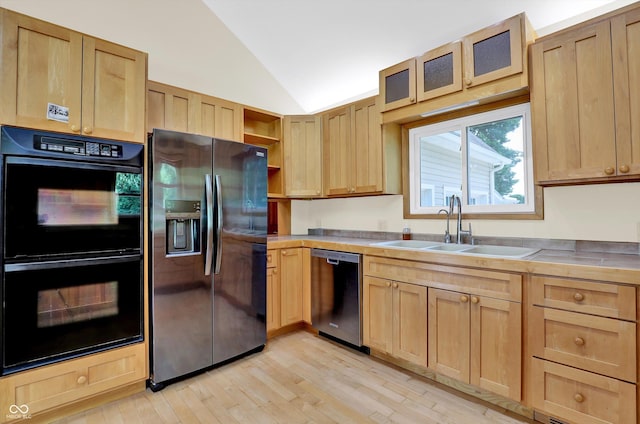 800 N 400 W, Bargersville, IN 46106 - kitchen with stainless steel appliances, light brown cabinetry, vaulted ceiling, light wood-type flooring, and open shelves