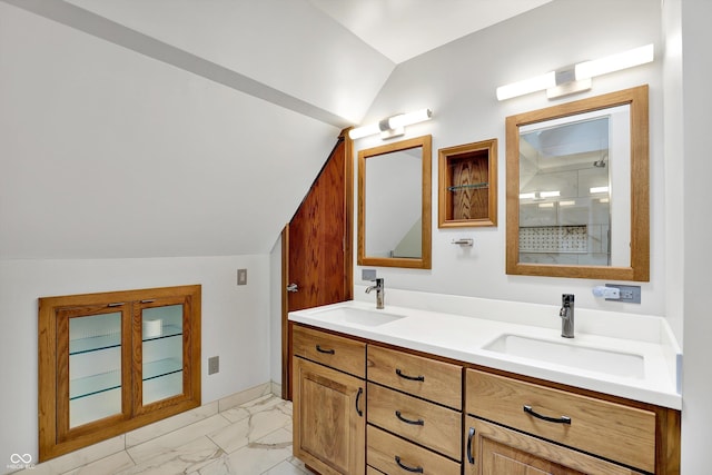 800 N 400 W, Bargersville, IN 46106 - bathroom with lofted ceiling, marble look tile flooring, double vanity, and a shower