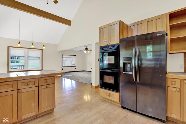 800 N 400 W, Bargersville, IN 46106 - kitchen with stainless steel fridge, ceiling fan, high vaulted ceiling, light wood-type flooring, and pendant lighting