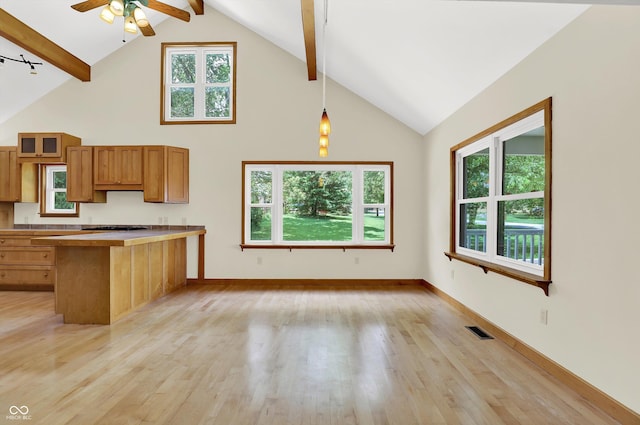 800 N 400 W, Bargersville, IN 46106 - kitchen featuring light wood-style flooring, a ceiling fan, beam ceiling, high vaulted ceiling, and decorative light fixtures