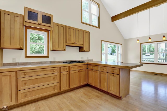800 N 400 W, Bargersville, IN 46106 - kitchen with a peninsula, high vaulted ceiling, light wood finished floors, plenty of natural light, and tile countertops