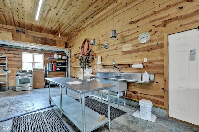 800 N 400 W, Bargersville, IN 46106 - kitchen featuring stainless steel electric range oven, wooden walls, concrete floors, and wooden ceiling