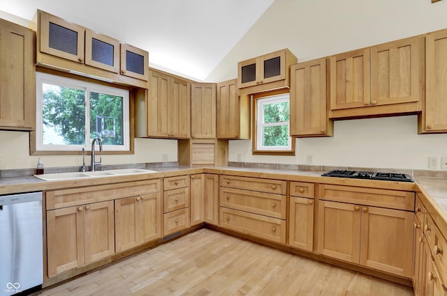 800 N 400 W, Bargersville, IN 46106 - kitchen with dishwasher, light brown cabinets, lofted ceiling, black gas stovetop, and light wood-style flooring