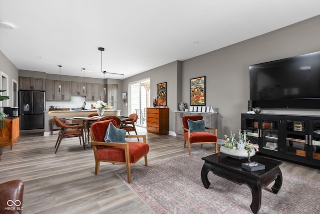 living room featuring sink and light hardwood / wood-style flooring