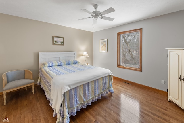 bedroom with a ceiling fan, visible vents, and wood finished floors